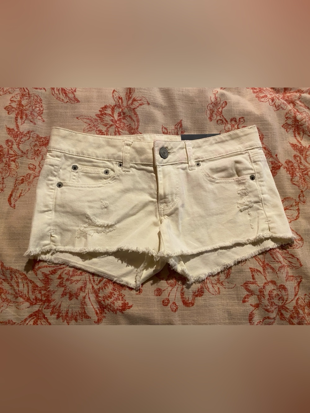 American Eagle Outfitters Cream Distressed Frayed Hem Denim Shorts